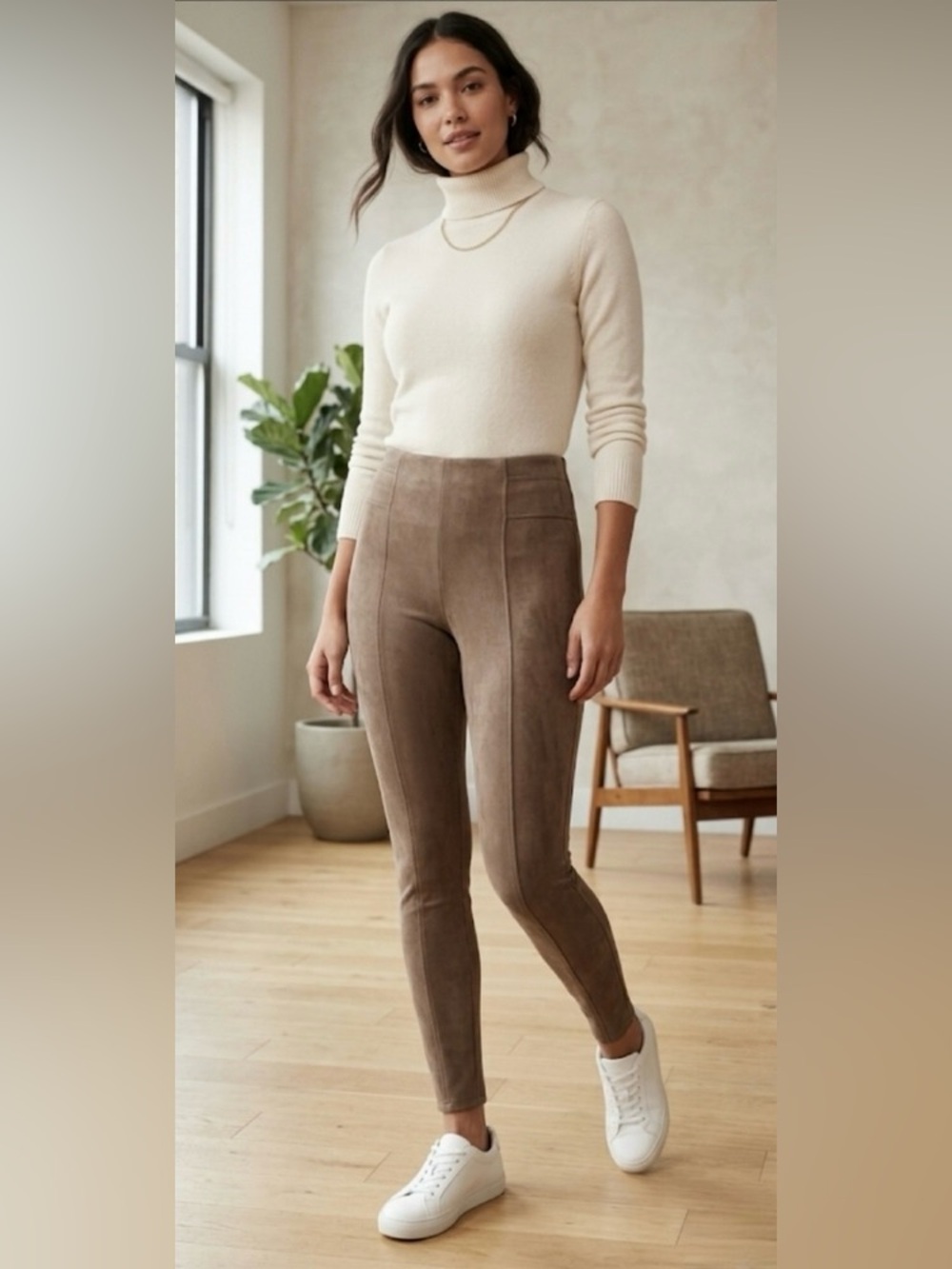 Spanx Medium Faux Suede High-Rise Leggings in Taupe